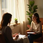Sesión de terapia cognitivo-conductual en ambiente acogedor, terapeuta y cliente trabajando en reestructuración cognitiva...