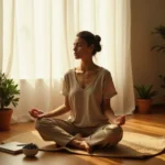 Mujer meditando en una sala minimalista con elementos de neurobiología: su postura relajada, el cuaderno y el cuenco de...
