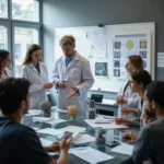 Neurocientíficos y practicantes de mindfulness discuten en un laboratorio moderno, rodeados de modelos cerebrales 3D,...