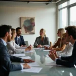 Profesionales en discusión sobre comunicación asertiva y resolución de conflictos, con un facilitador señalando un...