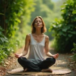 Mujer meditando en sendero arbolado con diario sobre neurobiología y mindfulness, luz suave y hojas rustleando.