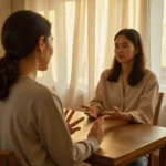 Therapist and client in a warm, minimalist therapy room engage in a calm conversation, symbolizing simple, collaborative CBT.