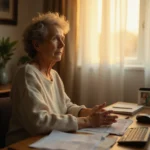 Escena en oficina de terapia: mujer de mediana edad y trabajadora social en conversación, con documentos y foto familiar,...
